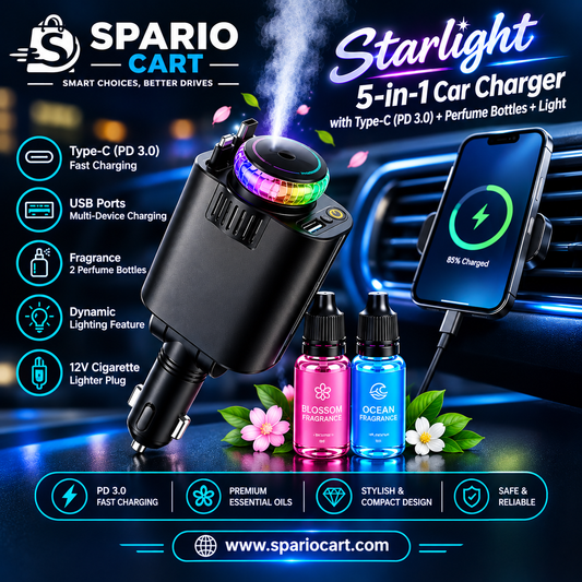 Starlight 5-in-1 Car Charger with Type‑C (PD 3.0) + Perfume Bottles + Light