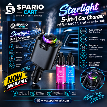 Starlight 5-in-1 Car Charger with Type‑C (PD 3.0) + Perfume Bottles + Light