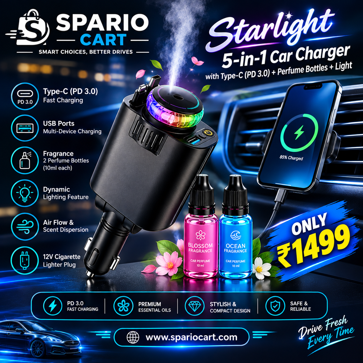 Starlight 5-in-1 Car Charger with Type‑C (PD 3.0) + Perfume Bottles + Light