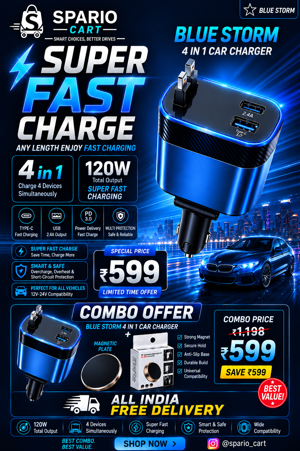 4 IN 1 CAR CHARGER + MAGNETIC MOBILE HOLDER COMBO