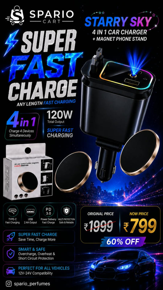 4 IN 1 CAR CHARGER (RGB LIGHT) + MAGNETIC MOBILE HOLDER COMBO