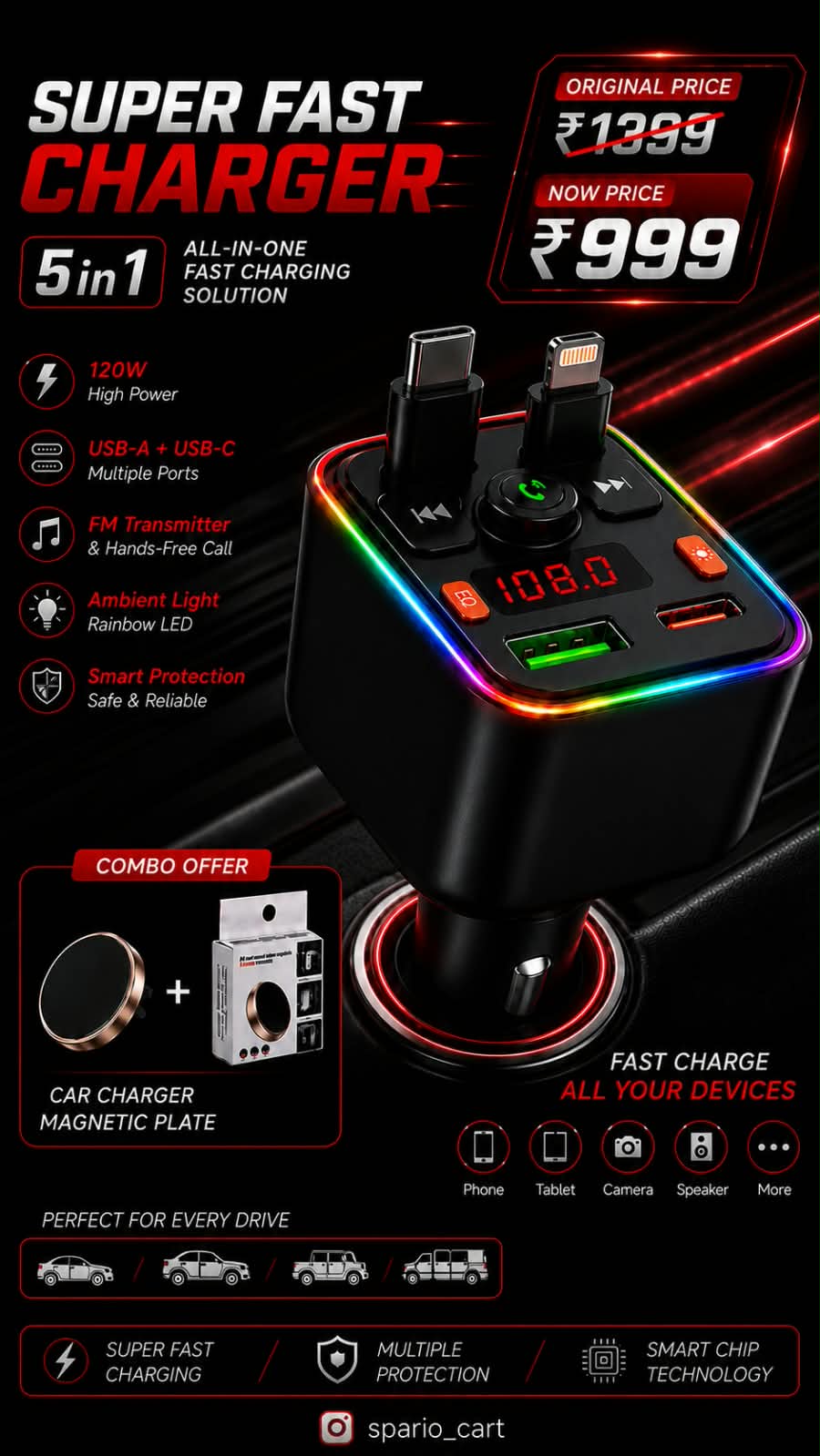 5 IN 1 CAR CHARGER (RGB LIGHT&LASER) + MAGNETIC MOBILE HOLDER COMBO