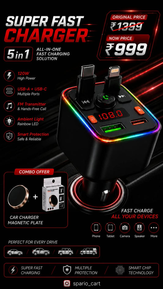 5 IN 1 CAR CHARGER (RGB LIGHT&LASER) + MAGNETIC MOBILE HOLDER COMBO